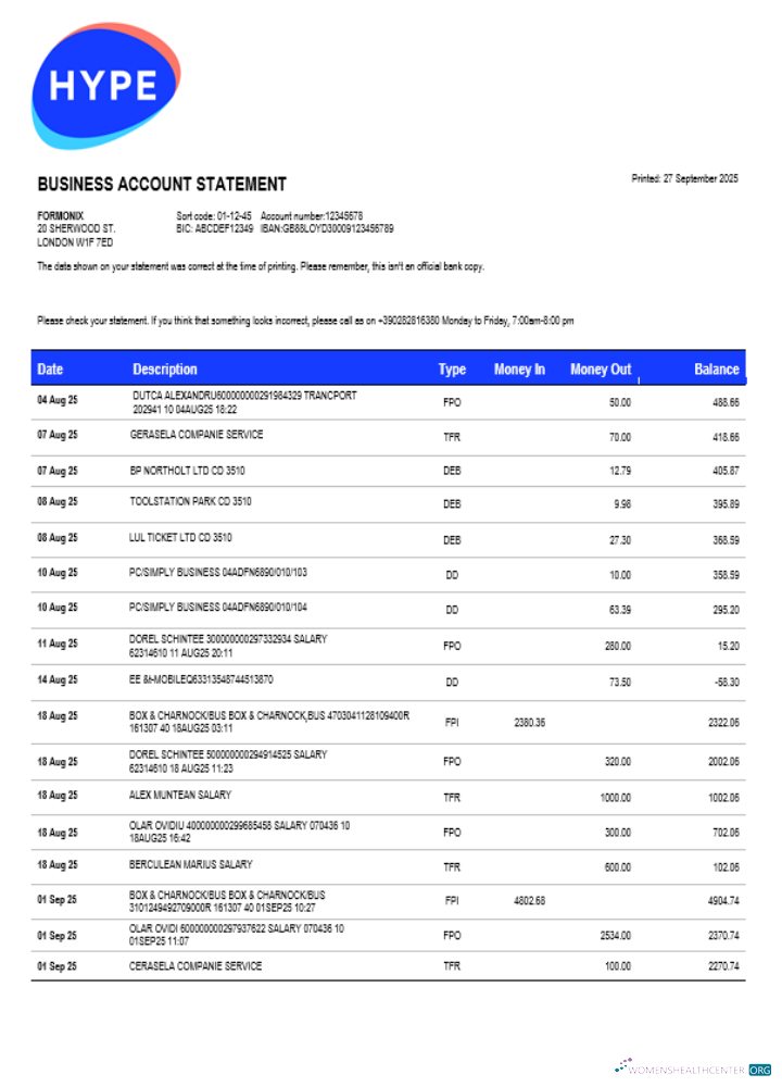 Download HYPE SPA bank company checking account statement Word and PDF template Photoshop template